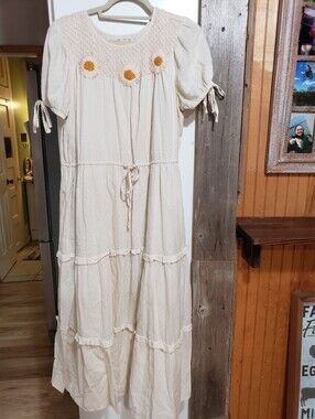 Land Of The Free Boho Linen Blend Midi/maxi Large Dress Embroidered Sunflowers